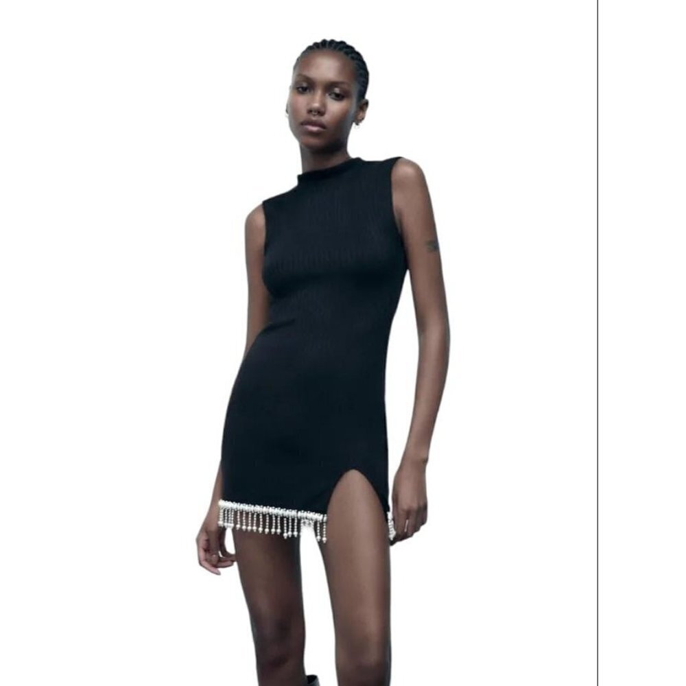 ZARA SOFT DRESS WITH PEARLS BLACK SIZE S 7901/314/800